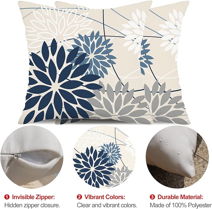 Blue and Gray Floral Pillow Covers 22x22 Set of 2 Outdoor Waterproof White Colored Decorative Throw Pillows Summer Pillowcase Polyester Cushion Case Decor for Couch Patio Funiture Garden Porch 01B22