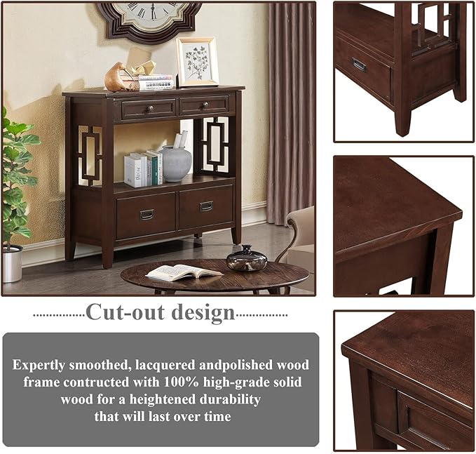 36 Inch Country Farmhouse Console Table with 4 Drawers and 1 Storage Shelf Pine Wood Suitable for Entryway Entrance Living Room Bedroom Hallway Kitchen (Light espreso