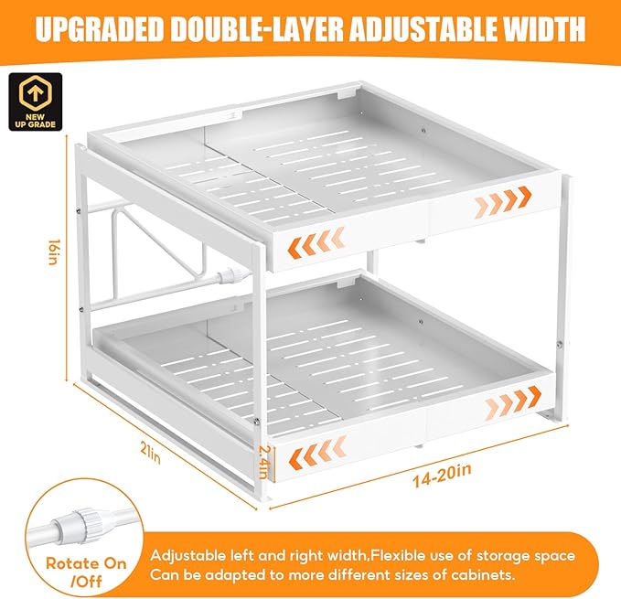 2-Tier Expandable Pull Out Cabinet Organizer, 21" Deep Heavy-Duty Slide Rail Slide Out Drawer Organizers with Adhesive Nano Film for Pots, Roll out Shelf Storage for Kitchen & Pantry Storage,White
