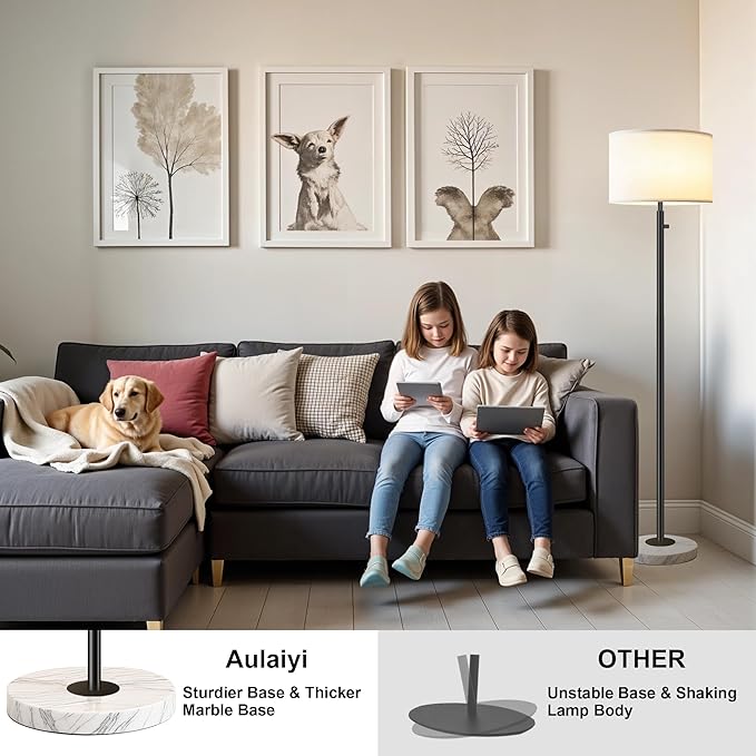 Floor Lamp for Living Room,Dimmable Floor Lamp, Modern Standing Lamp with Marble Base,Tall Standing Lamp for Bedroom, Reading, Office & Kids' Room,LED Bulb Included(Black)