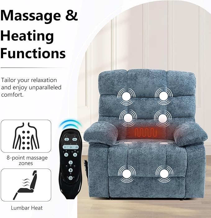 Lay Flat Recliner with Vibration Massage and Lumbar Heating, 26'' Wide Chair with Infinite Position and 2 Remote Controls, Soft Chenille Lift for Living Room, Grayish Blue