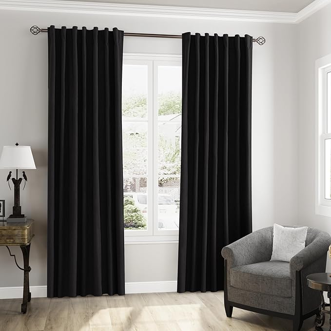 Guken Black Linen Blackout Curtains 108 Inch Length 2 Panels Set for Living Room Bedroom Back Tab Thermal Insulated 100% Black Out Linen Drapes Room Darkening Window Curtains 108 Inches Long