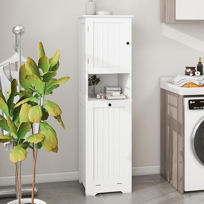 Tilt Out Laundry Hamper Cabinet, 55" Tall Bathroom Storage Cabinet Laundry Cabinet with Shelves and Clothes Basket, Hamper Cabinet Shelf for Laundry Room Bathroom Organizer, White