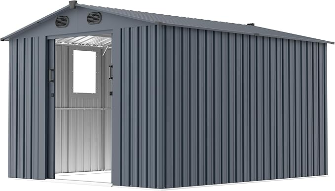 8x10 FT Outdoor Storage Shed, Metal Garden Shed with Window, Outside Tool Sheds with Lockable Sliding Doors, Waterproof Storage Building with 4 Air Vents for Backyard, Patio, Lawn, Dark Gray