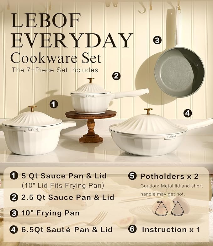 Nonstick Ceramic Cookware Set (7 Piece)–Titanium Cast Aluminum Pots and Pans Set with Lids, Non Toxic PFAS-Free Compatible with All Stovetops–Pearl White