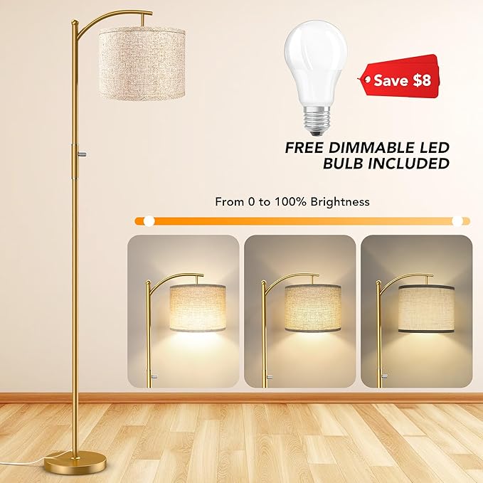 Dimmable Floor Lamp, Arc Floor Lamps for Living Room, Stepless Dimming Modern Standing Lamp with Linen Shade, Tall Lamp for Bedroom Office Dining Room- Gold