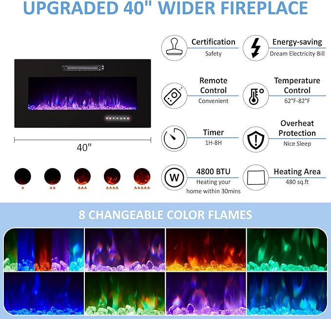 Modern Fireplace TV Stand for TVs up to 75", High Gloss Entertainment Center with 40" Fireplace, 4 Shelves & Storage Cabinets, Media Console Table 68 Inches, Gloss White