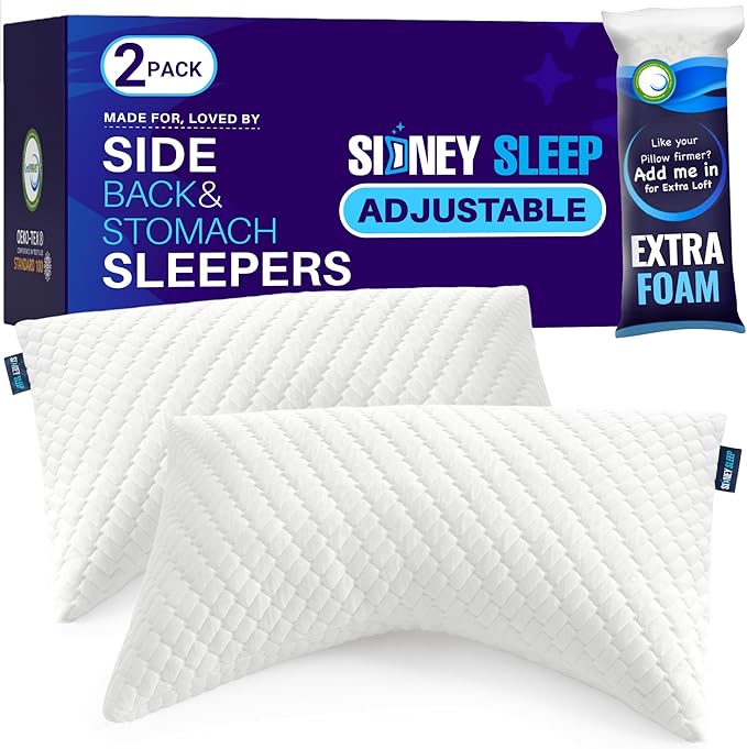 Sidney Sleep Set of 2 Queen Size Bed Pillows for Side and Back Sleepers - Adjustable Filling - Memory Foam Pillows for Neck and Shoulder Pain - Customizable Loft - Extra Foam Included (White)