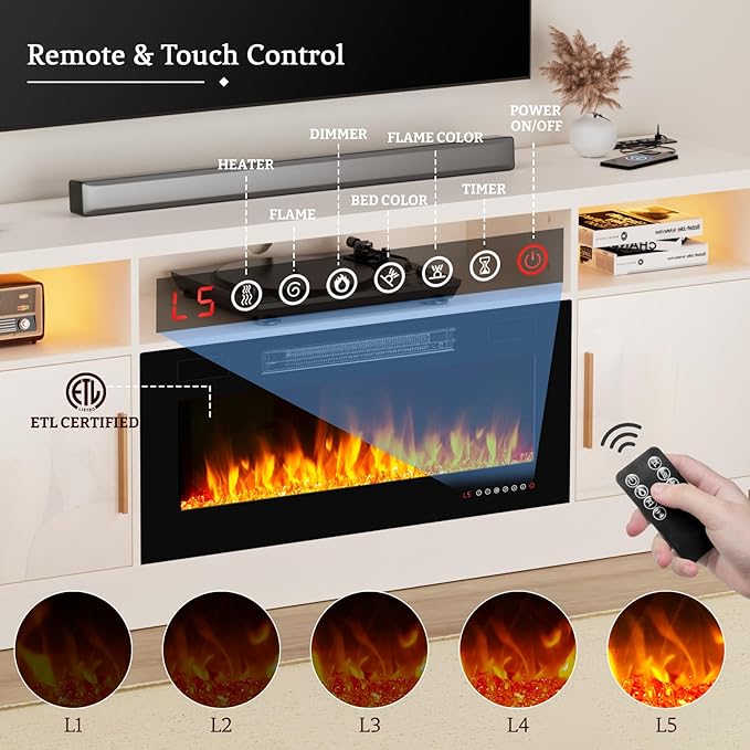 70'' TV Stand with Fireplace and Power Outlet-LED White Entertainment Center for 75+ inch TV- 27'' High TV Cabinet with Storage, High Glossy Door, Modern TV Console for Living Room