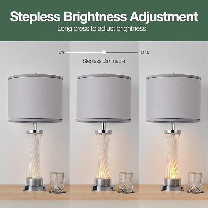 3-Way Dimmable Table Lamp Set of 2,Touch Control Lamp with Night Light,Modern Crystal Table Lamps for Bedroom,Living Room，Bedside Lamps with USB A+C Ports，Fabric Lampshade(Blubs Included)