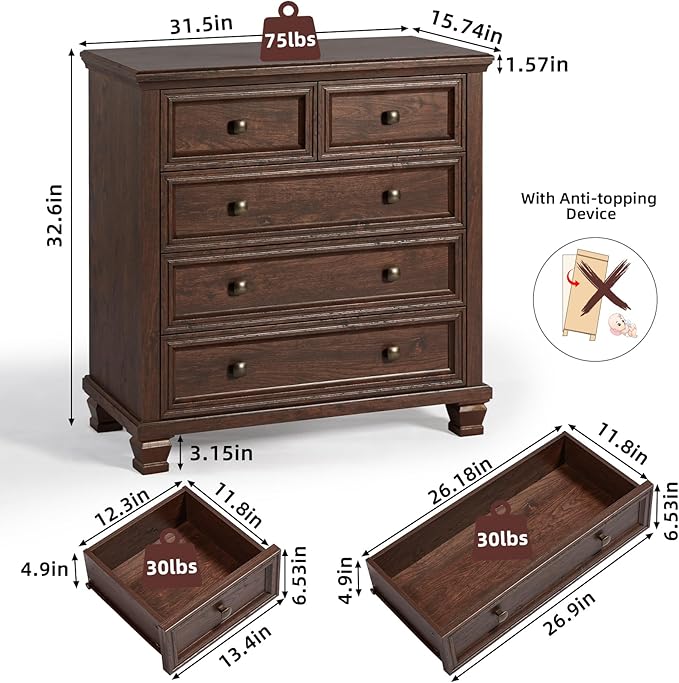 Farmhouse Walnut Bedroom Sets of 4, Includes 6 Drawer Large Dresser, Low 2 Drawers Night Stand with Charging Station, Small 5 Chest of Drawers, Wood Rustic Dresser & Nightstand Set for Home