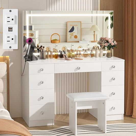 VOWNER Vanity with Lighted Mirror - 47" Makeup Vanity Desk with 9 Drawers and Power Outlet, 3 Color Lighting Modes Adjustable Brightness, Makeup Desk with Soft Cushioned Stool for Bedroom, White