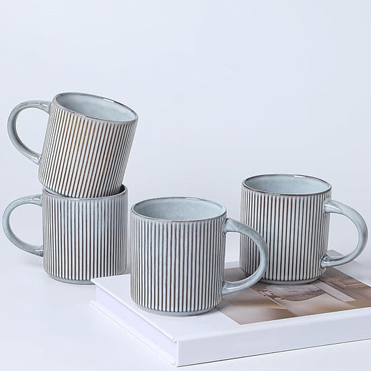 Coffee Mugs Set of 4, 12 OZ Ceramic Coffee Mugs with Handle, Vertical Stripes Coffee Cups Set for Latte/Tea/Cocoa/Milk, Microwave and Diahwasher Safe (Smoky Blue)