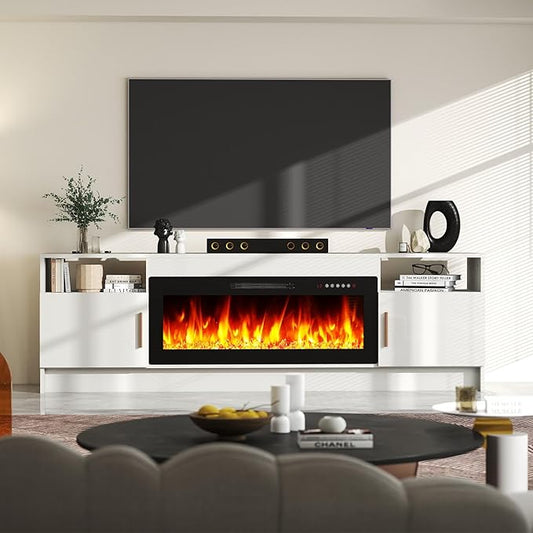 Ludatido 70 Inch TV Stand with 36 inch Electric Fireplace 27 LED Light Entertainment Center for TVs Up to 80" Black Modern Wood Media TV Console with Highlight Cabinet for Living Room White
