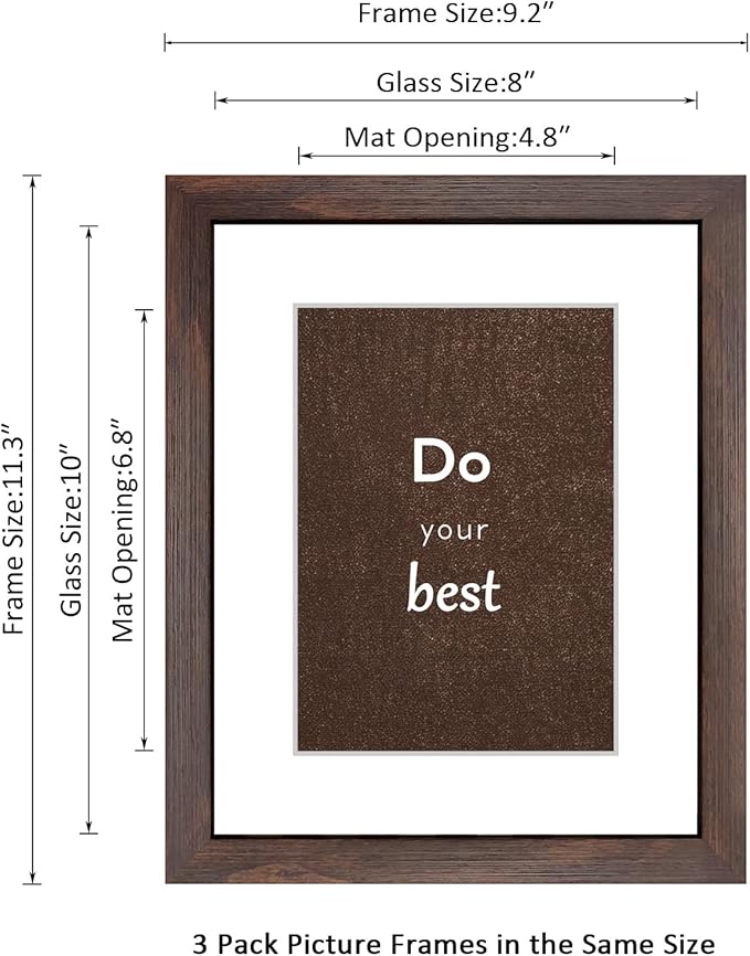 8x10 Picture Frame Set of 3 with Real Glass for Pictures 5x7 with Mat or 8x10 Without Mat, Wall Mounting or Tabletop display Photo Frames in Walnut