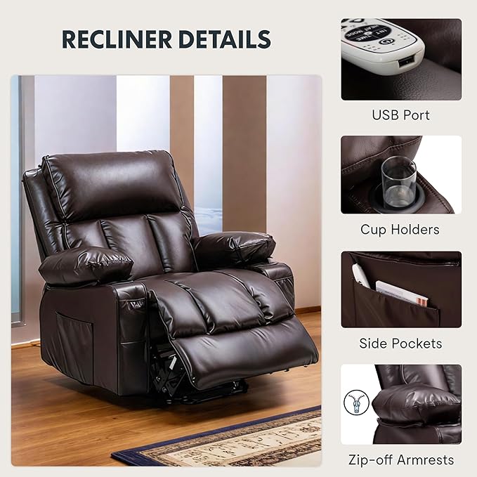 FLEXISPOT XL23 Power Lift Recliner Chair with Massage & Heat for Elderly - Large Electric Lift Chair with USB Port, Cup Holders, Side Pockets - Living Room Bedroom Single Sofa(Large Size,Brown)