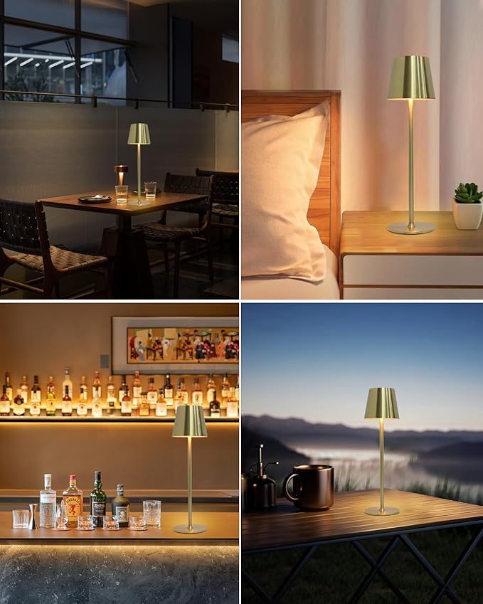 2 Pack Cordless Table Lamps,Portable LED Desk Lamp, 5000mAh Battery Operated Lamp, 3 Color Stepless Dimming Up, for Restaurant/Bedroom/Outdoor Party/Camping/Coffee Shop Night Light(Gold)
