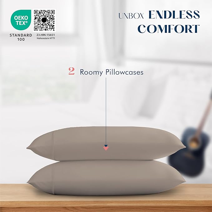 XOOX Linen 100% Cotton Pillowcases King Size Set of 2-500 Thread Count Cotton Pillowcases, Ultra Soft, Breathable, Cooling Pillow Cases for Sleeping, Pillow Covers for King Pillows - Taupe