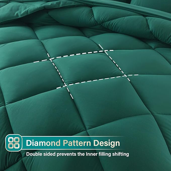 Cosybay Bed in a Bag Full Comforter Sets 7pcs All Season Solid Down Alternative Bedding Sets Dark Green with Comforter, Pillow Shams, Flat Sheet, Fitted Sheet and Pillowcases