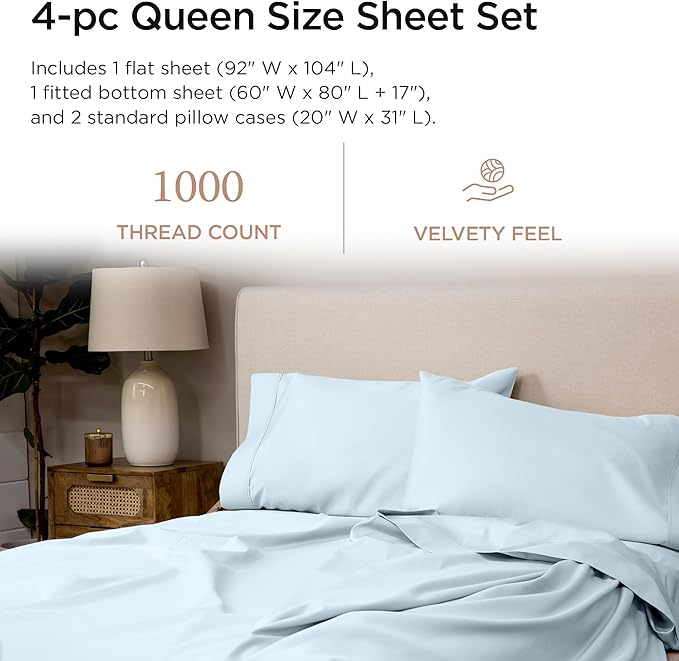 Threadmill Supima Cotton Queen Sheet Set, 1000 Thread Count Queen Sheets for Queen Mattresses, 4 Piece American Luxury Bed Sheets, Sateen Hotel Quality Sheets with Elasticized Deep Pocket, Light Blue