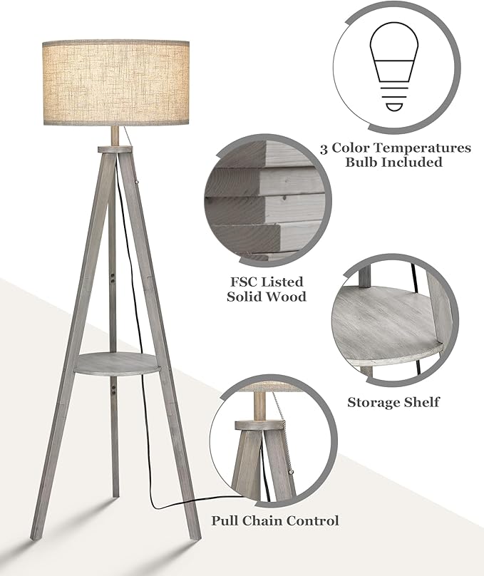 ELYONA Tripod Floor Lamp with 3 Color Temperatures LED Blub, Wood Floor Lamp with Table - Farmhouse Tall Reading Standing Light for Living Room, Bedroom, Office, Study Room, Pull Chain Controls, Grey