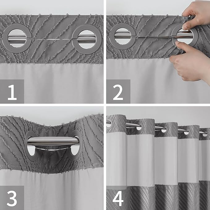 no Hook Shower Curtain and Liner Set，Boho Style with See Through Top Window, Grey Fabric Tufted Striped Textured Outer Curtain & Waterproof Inner Liner, Grey/Gray, 71Wx98H