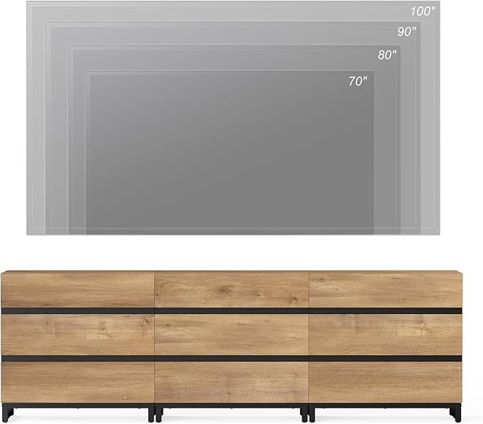 Wampat Modern TV Stand for 100 inch TVs, Entertainment Center Console with 9 Drawers, Metal Base, Living Room, Bedroom, Oak