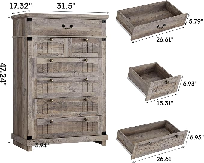 Maupvit Farmhouse 7 Drawer Dresser for Bedroom, 47" Tall Dresser Wood Chest of Drawers, Organizer Drawers for Bedroom, Living Room, Storage Room, Rustic Grey