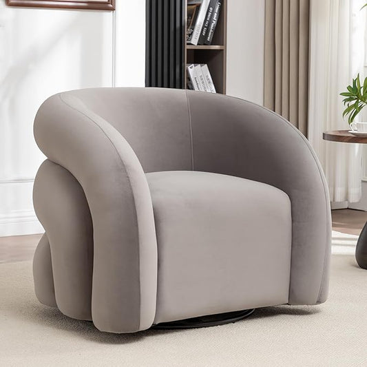 34.6" Velvet Swivel Accent Chair, Modern Round Armchair for Living Room,Upholstered Comfy Sofa Barrel Chairs for Bedroom Reading Apartment Lounge,Fully Assembled(Grey)