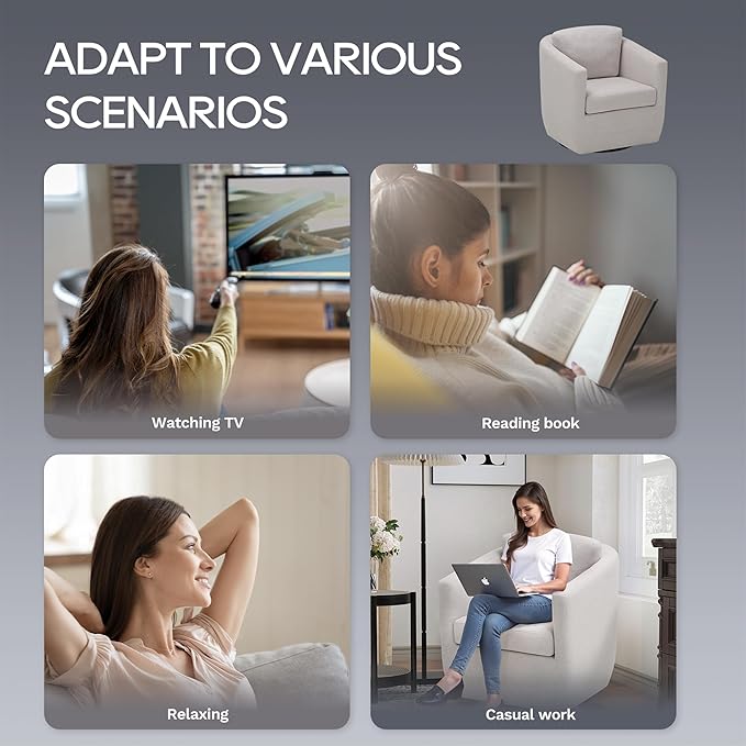 COLAMY Swivel Accent Chair, Round Upholstered Swivel Barrel Armchair Metal Base Fabric Chair Modern No Assembly Sofa Chair for Living Room Bedroom Reading Apartment Nursery, Beige(2pc)