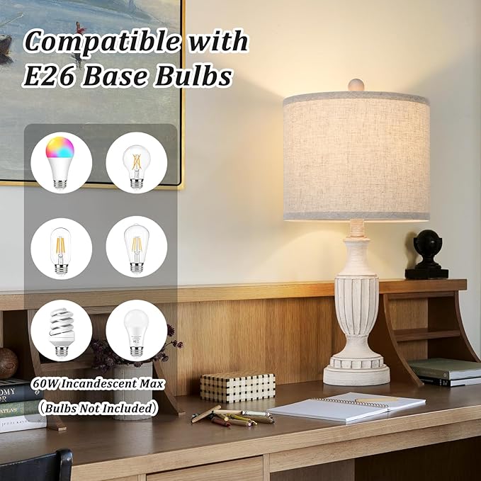 TOBUSA 22“ Farmhouse Table Lamps Set of 2, White Rustic Vintage Table Lamps for Living Room Bedroom, Antique Bedside Desk Lamps with Linen Shade, Traditional Resin Nightstand Lamp Sets for End Table