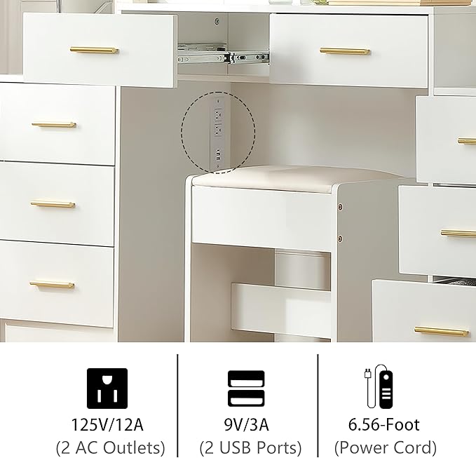 Extra Large Vanity with Folding Up Mirror and Lights,58.3'' Makeup Vanity Desk with Mirror and Lights,Outlet, Chair and Two Makeup Organizers,Dressing Table for Bedroom,White
