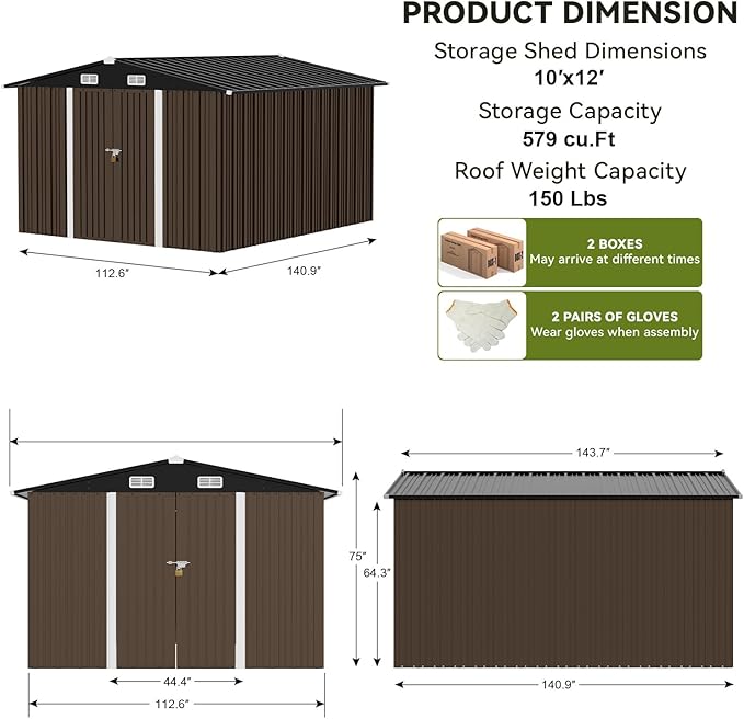 COMHOMA Shed Outdoor Storage Shed Metal,Lockable Doors Tool Sheds with Sloping Roof,Steel Garden Shed with Air Vent for Backyard,Patio,Lawn,Poolside (Brown, 10'*12')