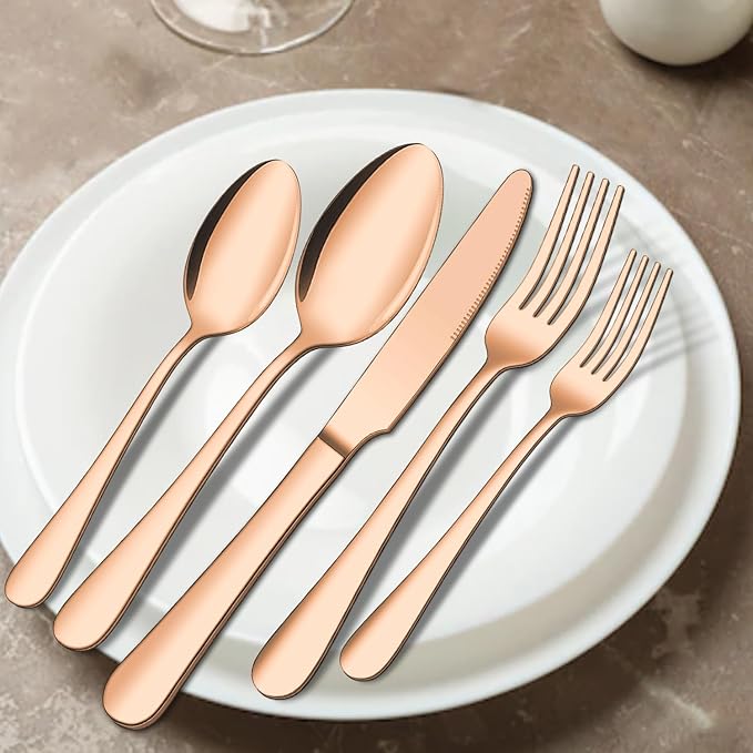 20 Piece Matte Copper Silverware Set, ENLOY Rose Gold Stainless Steel Flatware Cutlery Set for 4, Kitchen Utensil Set Service for 4, Include Knife Fork Spoon, Mirror Polished, Dishwasher Safe