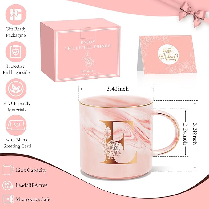 Personalized Gifts for Women Coffee Mug, Initial Customized Gift Monogrammed A-Z Coffee Mug 12 OZ, Christmas Anniversary Birthday Gifts for Women Mom Grandma Friend Sister Wife(E)