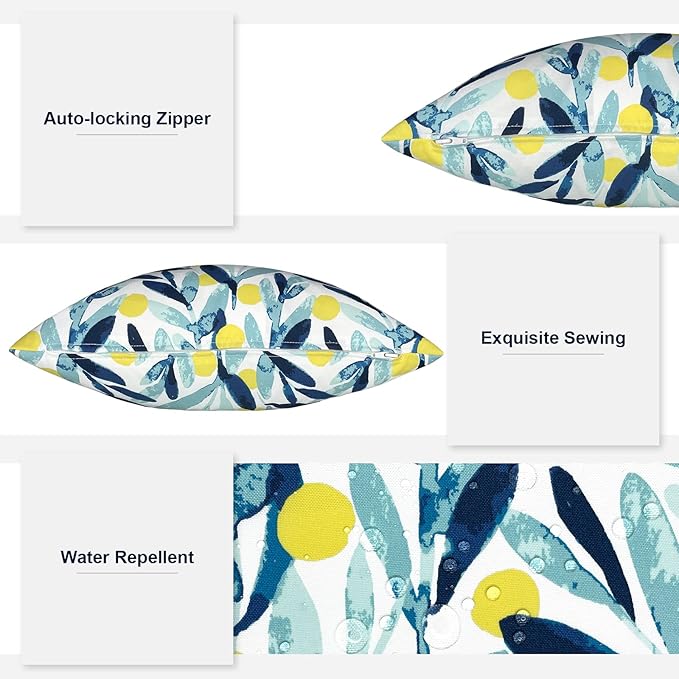 Outdoor Throw Pillows with Inners, All Weather Patio Pillows Set of 2, Square Pillows Decorative for Home Garden Furniture, 20x20 Inch, Leaves Multi