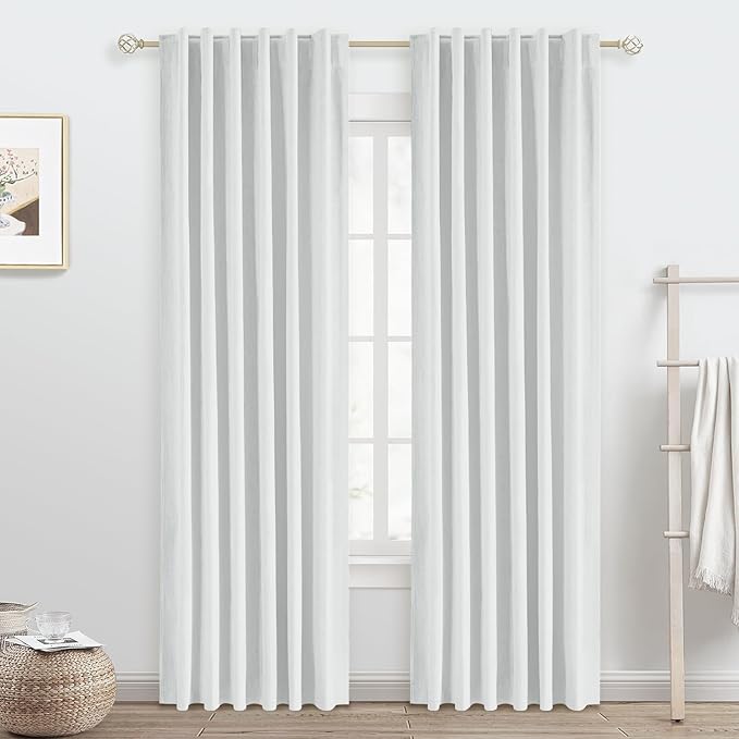 White Linen Blackout Curtains 84 Inch Length 2 Panels Set for Bedroom Darkening, 100% Black Out Thermal Insulated Back Tab Curtains Heating Blocking for Nursery