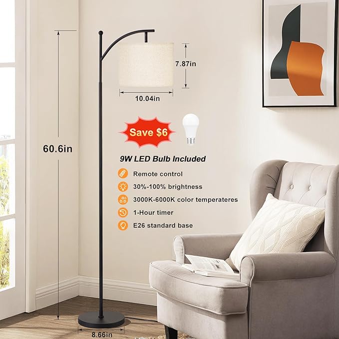 60" Floor Lamps with Remote Control & Bulb, Colors Temperature & Brightness Adjustable, Deep Beige Shade & Black Pole