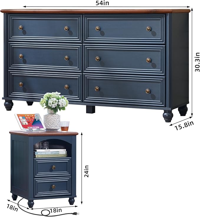 Dressers & Night Stand Set of 3, Wood 54" Wide Dresser & 18" Charging Station Chest of Drawers, Roman Column 2 Drawer Nightstand Set of 2, Bedroom Furniture Dresser Suites for Home Living Room Hallway