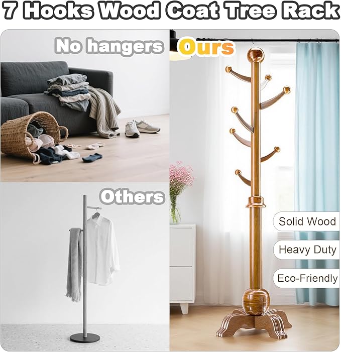 Hall Tree, Freestanding Wood Tree Rack with 7 Hooks, Coat Rack with Stable Sphere Base, Wooden Coat Rack Stand, Load 210 lb, Coat Hanger Stand for Entryway, Hallway, Bedroom (Natural)