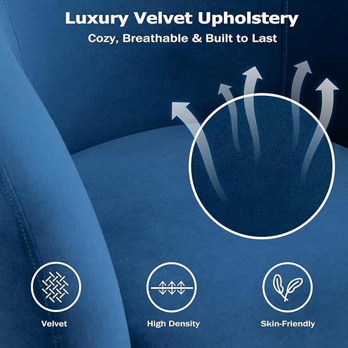 34.6" Velvet Swivel Accent Chair, Modern Round Armchair for Living Room,Upholstered Comfy Sofa Barrel Chairs for Bedroom Reading Apartment Lounge,Fully Assembled(Navy Blue)