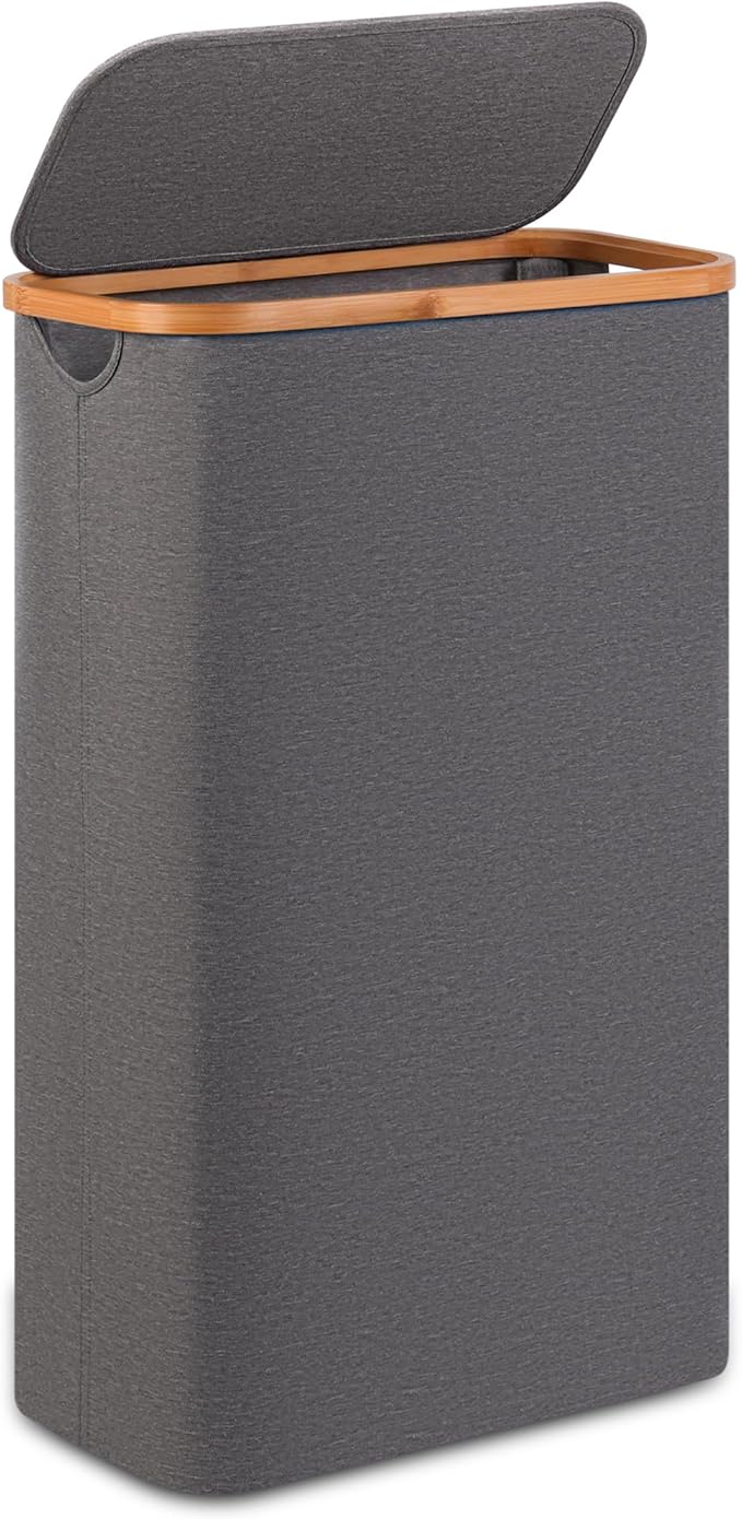 Slim Laundry Basket,60L Laundry Hamper with Lid, Tall Hamper for Laundry,Dirty Cloth Hamper with Bamboo Handle for Toys,Towels, Clothes Organizing,Grey