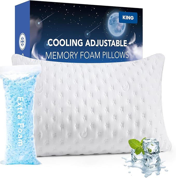 Cooling Side Sleeper Pillow for Adults, Firm Bed Pillow for Side Sleepers Neck and Shoulder Pain, Luxury Shredded Memory Foam Pillow Set of 1- Adjustable King Size- Washable Cover Original White
