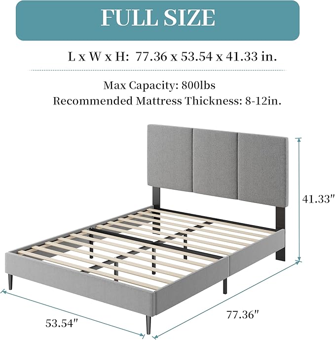 Full Size Bed Frame with Headboard, Vertical Channel Fabric Heavy Duty Full Size Bed Frame, No Springs Required, Easy to Assemble, Metal Platform Bed Frame, Grey