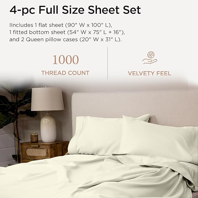 Threadmill Luxury Supima Cotton Sheets, Luxury 1000 Thread Count 100% Soft Cotton Sheets for Full Size Bed, 4 Pc Ivory Bed Sheets Full Set, 5-Star Hotel Quality Deep Pocket Bed Sheets Set