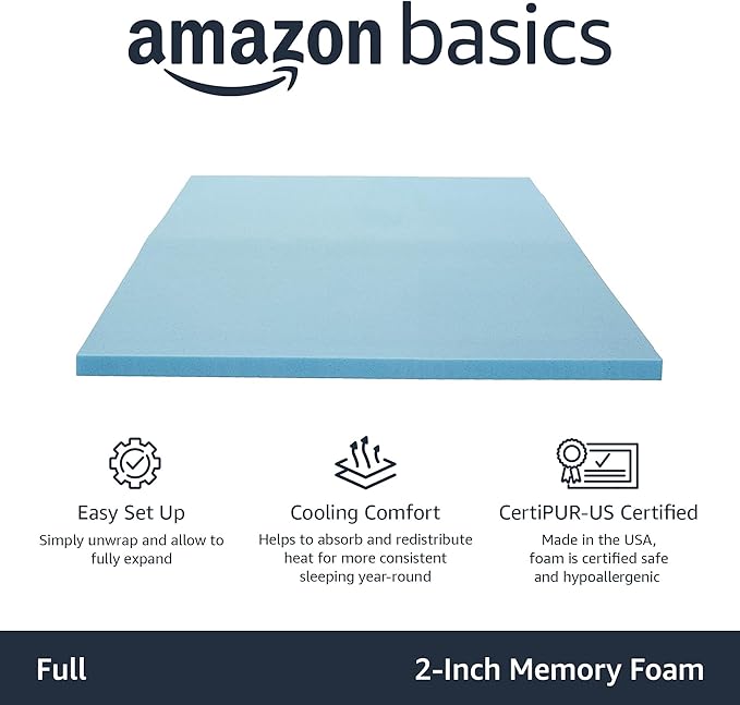 Amazon Basics Full Mattress Topper, Cooling Gel-Infused, CertiPUR-US Certified, 2 Inches, Blue