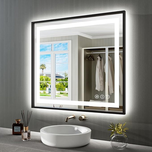 Amorho 40" X36" LED Bathroom Mirror with Black Frame, Front Light and Backlit, Stepless Dimmable, Anti-Fog, Shatter-Proof, Memory, 3 Colors, Double LED Vanity Mirror