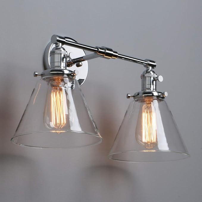 Phansthy 2-Light Wall Sconce Industrial Dual-Light Wall Light with Dual 7.3 Inch Cone Glass Lampshade(Chrome)