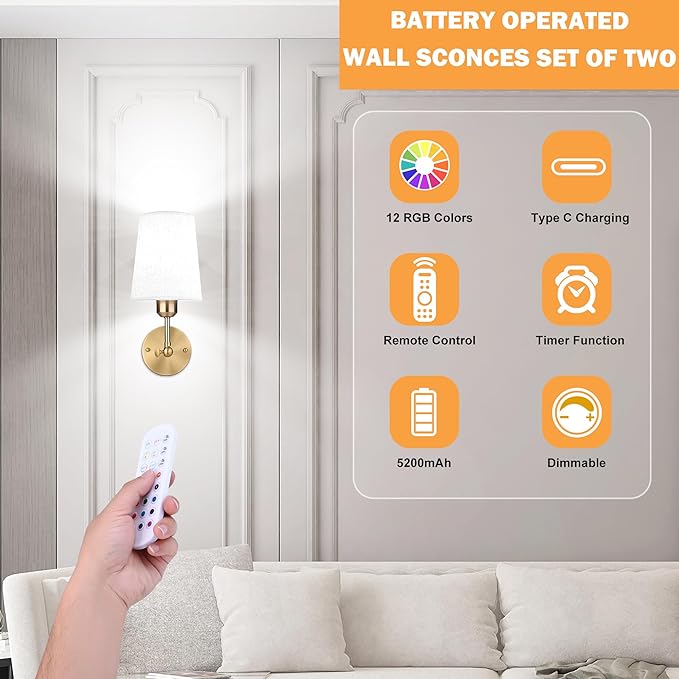 Battery Operated Wall Sconce Set of Two,Modern Gold Rechargeable Wall Lights with 5200mAh RGB Bulb and Remote Control, 270°Rotation Dimmable Battery Powered Wireless Wall lamps for Bedroom Living Room