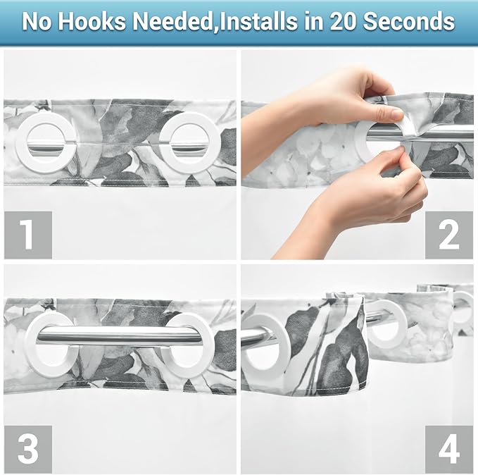 No Hook Shower Curtain with Snap in Liner - Eucalyptus Shower Curtain - Washable Waterproof Inner Liner, Plants Grey Leaves Modern Shower Curtains - Machine Washable, 71 x 77